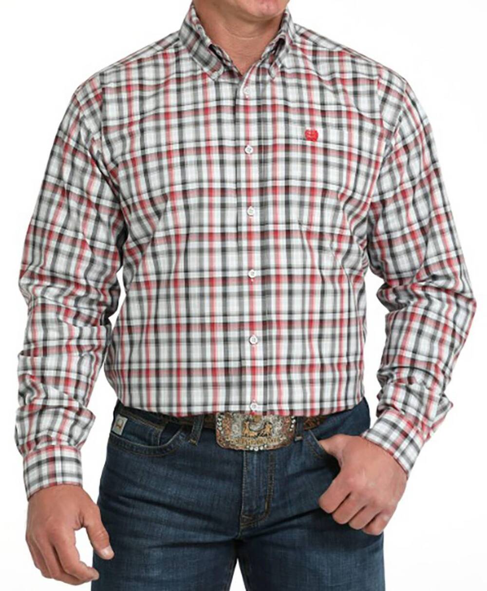 NEW CINCH men's long sleeve plaid shirt in grey/red